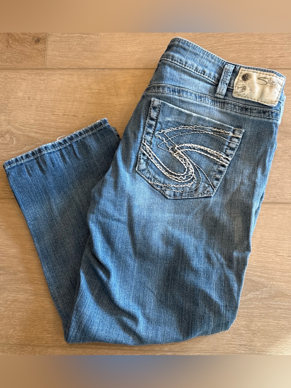 Silver Aiko Capri Jeans Womens 31 Blue Distressed Thick Stitch Y2K Grunge Denim